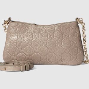GUCCI GG EMBLEM SMALL LEATHER SHOULDER BAG TAUPE